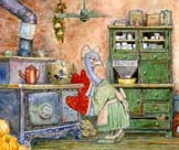 Old Fashioned Kitchen.  Nostalgic children’s illustration by Jim Harris.  From the children’s book 'The Trouble With Cauliflower.'